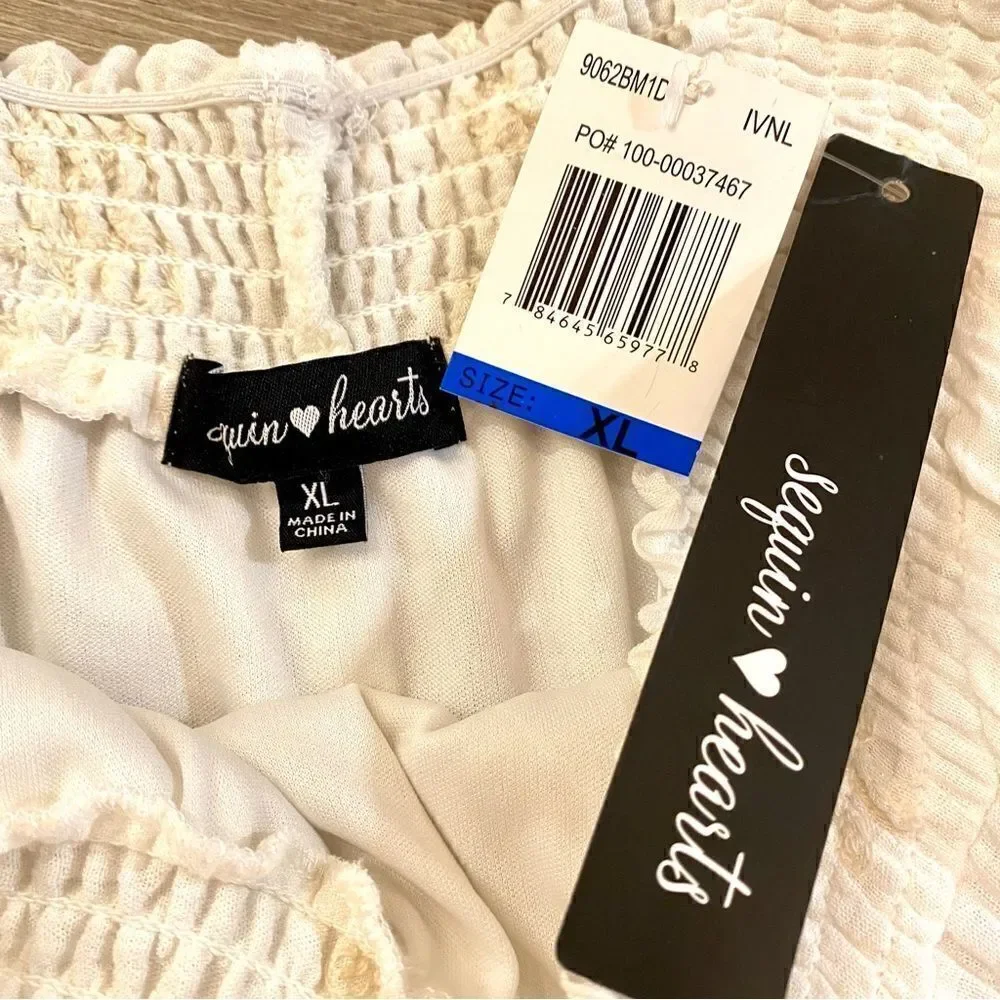 SEQUIN HEARTS OFF WHITE/IVORY WHIMSICAL PRINT OFF THE SHOULDER DRESS NWT
